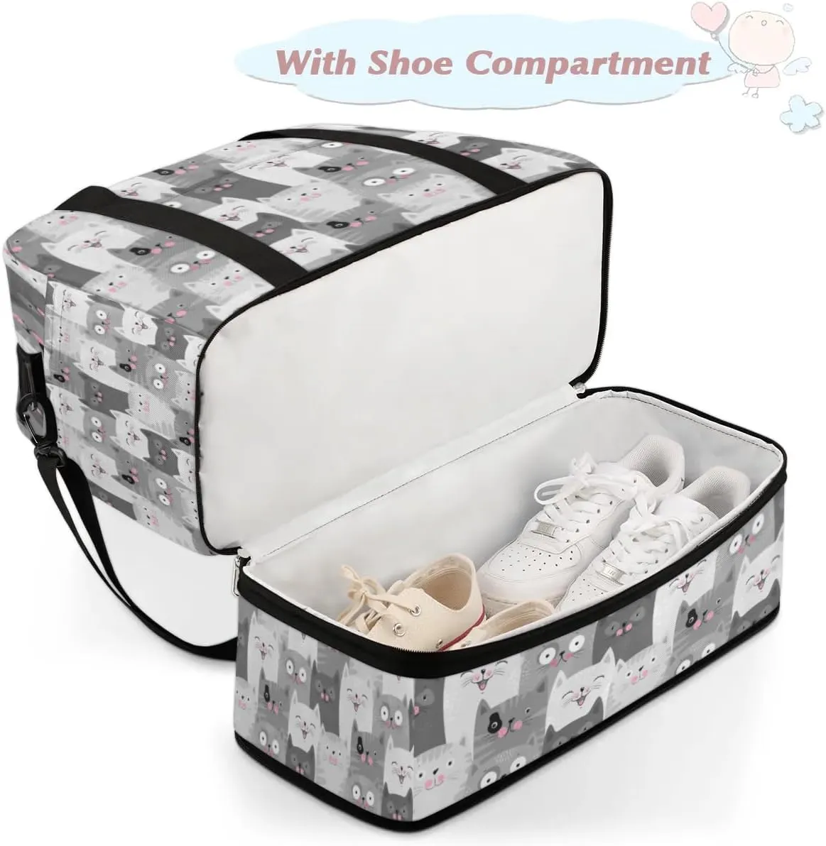 Funny Cats Sports Gym Bag with Shoes Compartment Foldable Travel Duffel Bag Dry Wet Separated Sports Tote Workout Weekender Overnight Bag for Women Yoga Dance Work Training Handbag