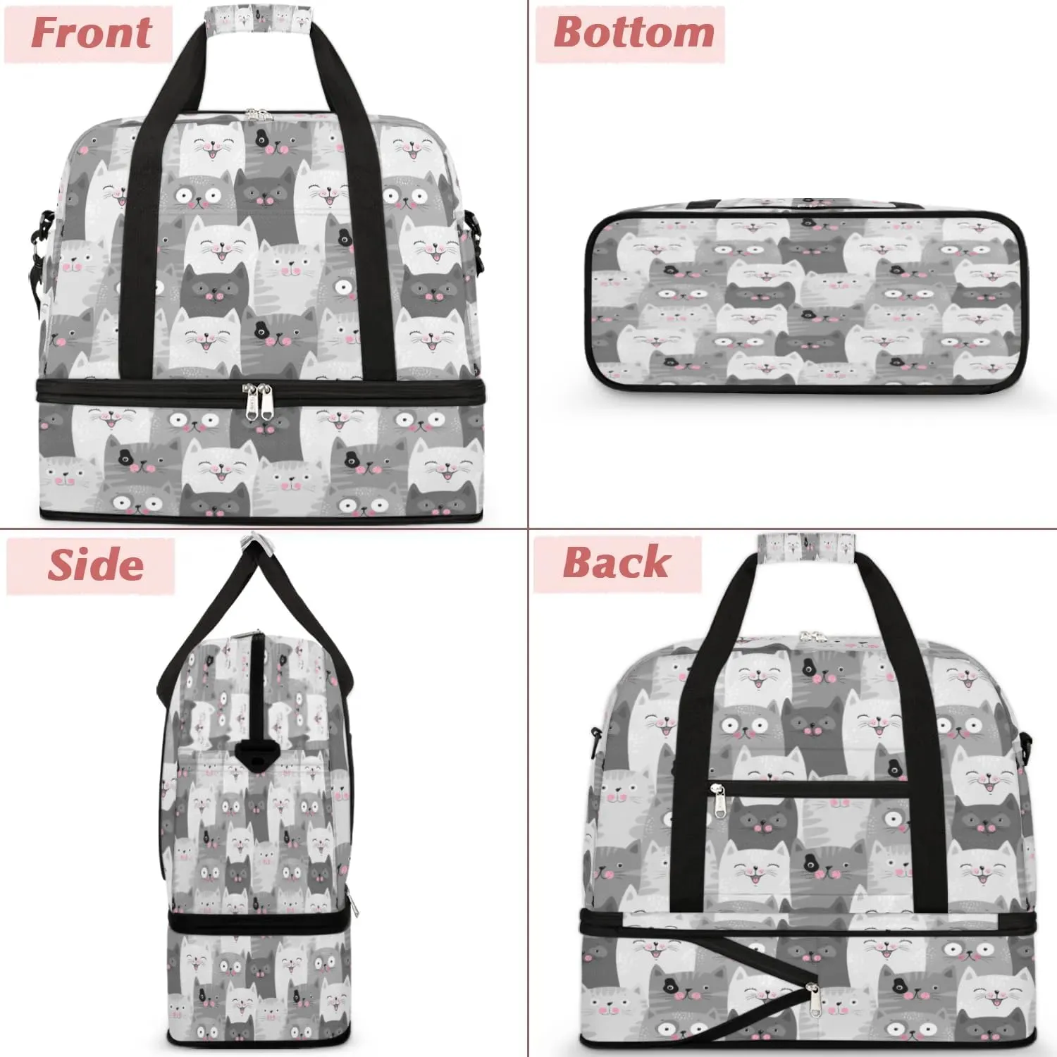 Funny Cats Sports Gym Bag with Shoes Compartment Foldable Travel Duffel Bag Dry Wet Separated Sports Tote Workout Weekender Overnight Bag for Women Yoga Dance Work Training Handbag