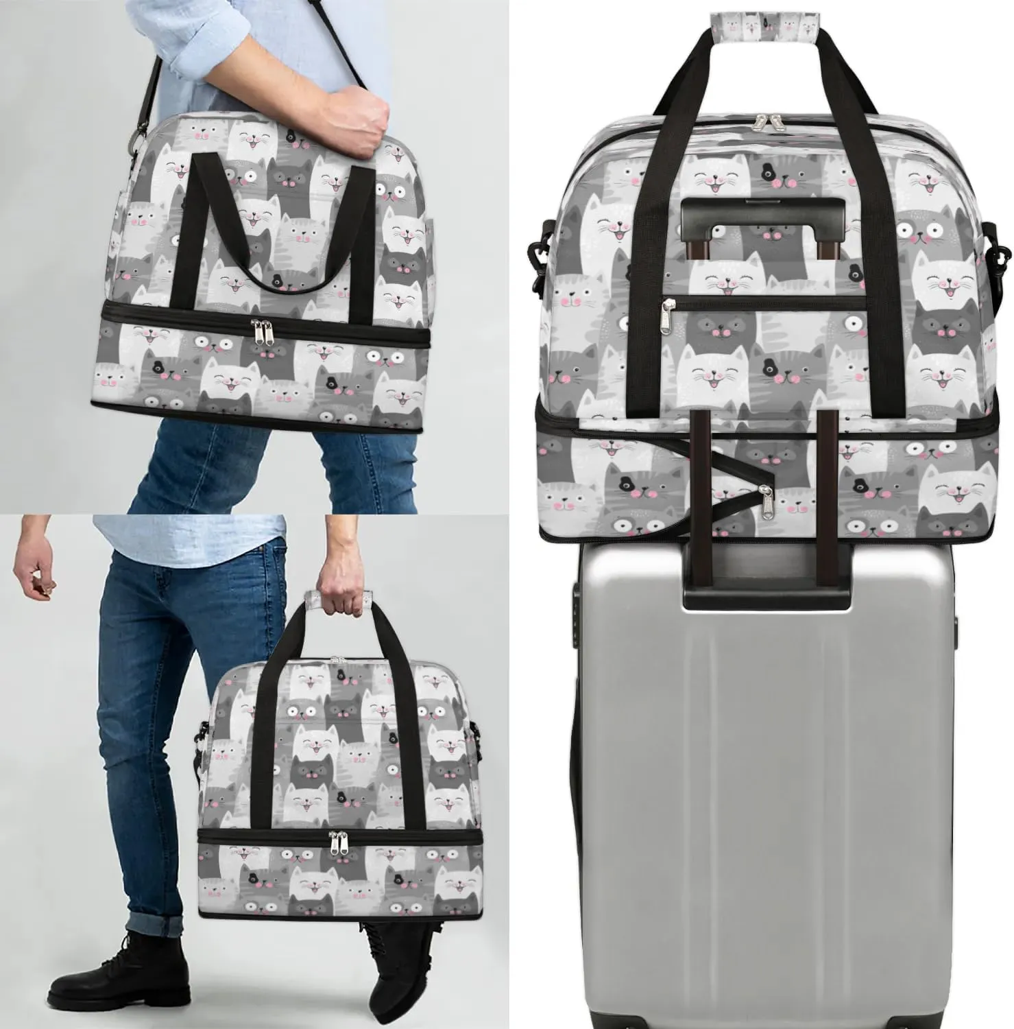 Funny Cats Sports Gym Bag with Shoes Compartment Foldable Travel Duffel Bag Dry Wet Separated Sports Tote Workout Weekender Overnight Bag for Women Yoga Dance Work Training Handbag