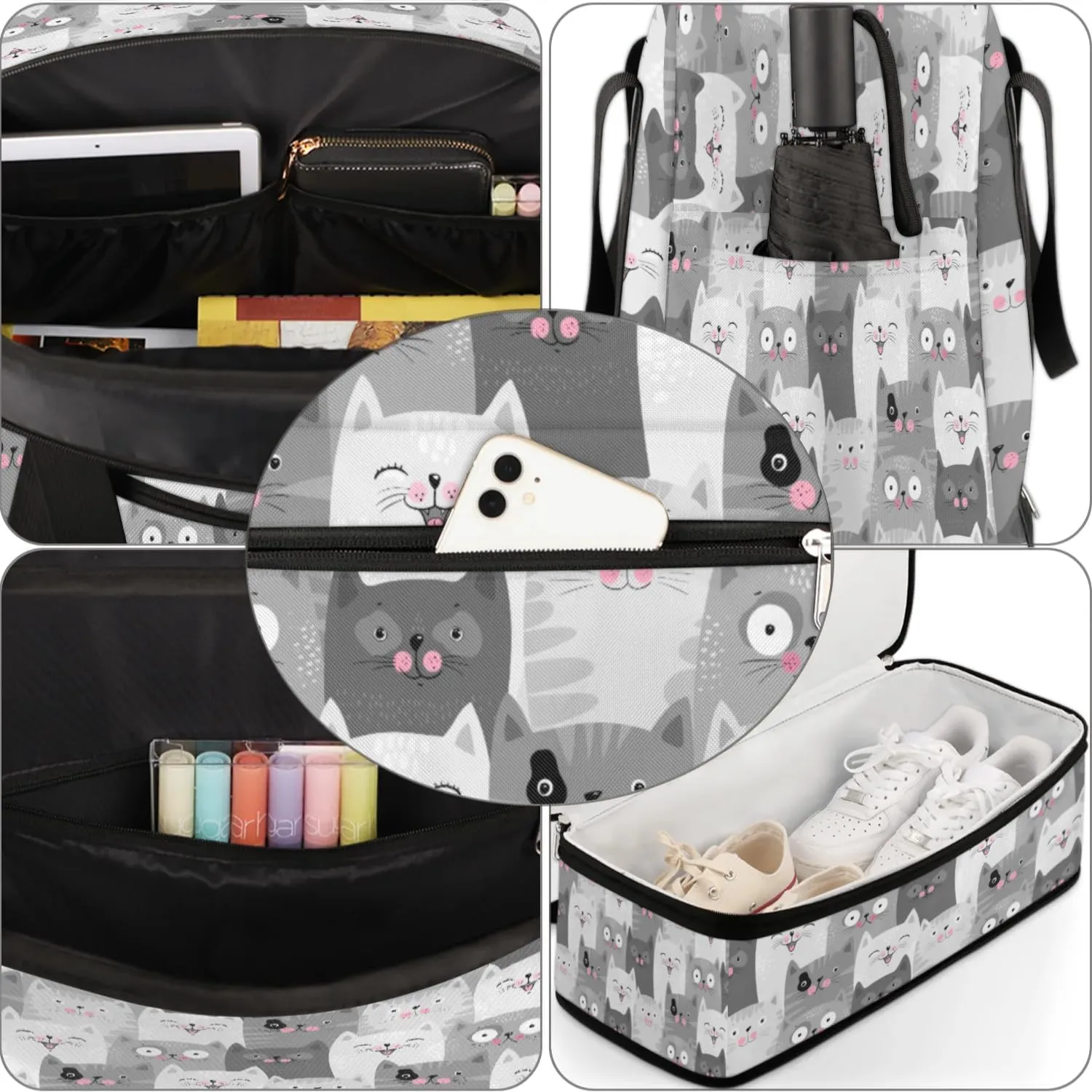 Funny Cats Sports Gym Bag with Shoes Compartment Foldable Travel Duffel Bag Dry Wet Separated Sports Tote Workout Weekender Overnight Bag for Women Yoga Dance Work Training Handbag