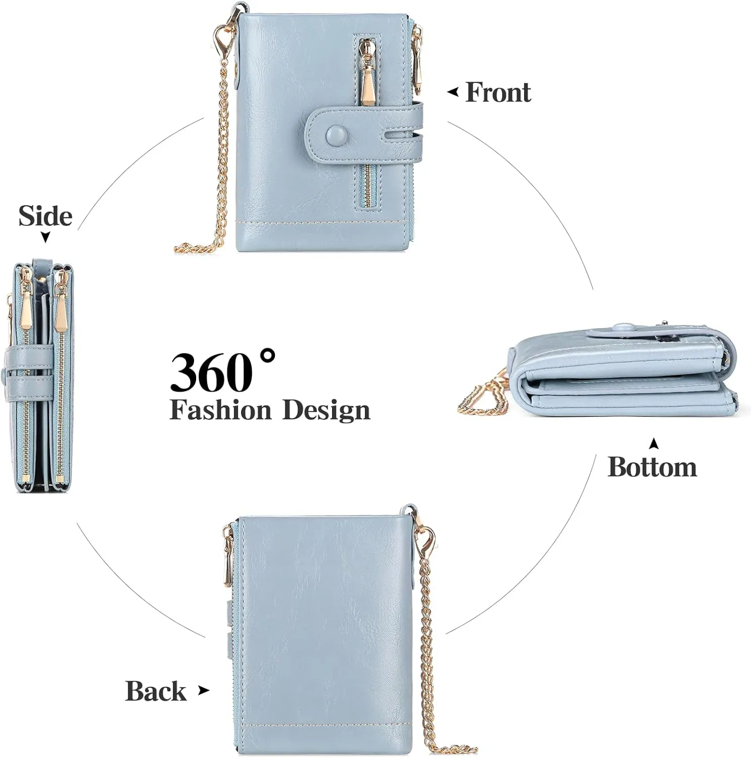GAEKEAO Small Wallets for Women Leather RFID Blocking Bifold Double Zipper Coin Pocket Purse with Anti-Theft Chain