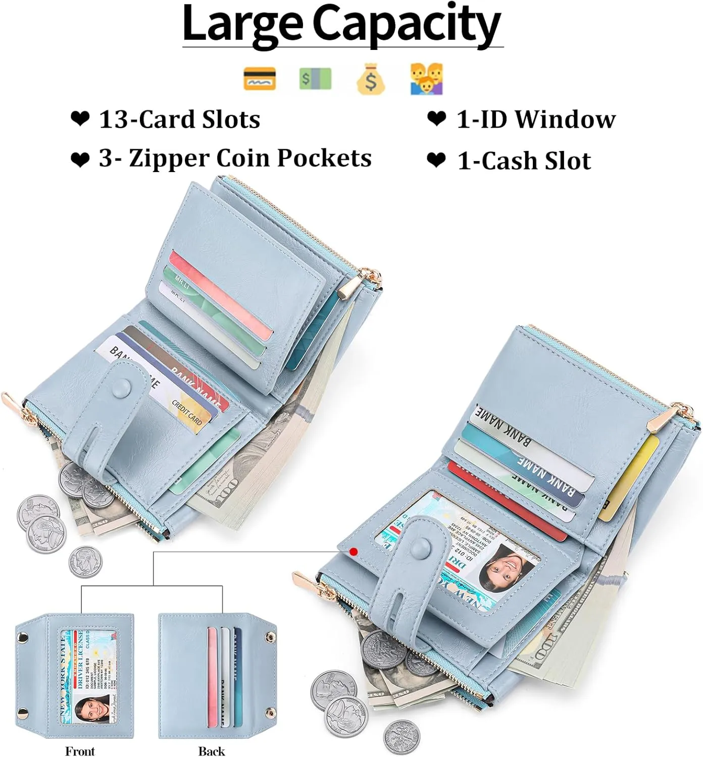 GAEKEAO Small Wallets for Women Leather RFID Blocking Bifold Double Zipper Coin Pocket Purse with Anti-Theft Chain