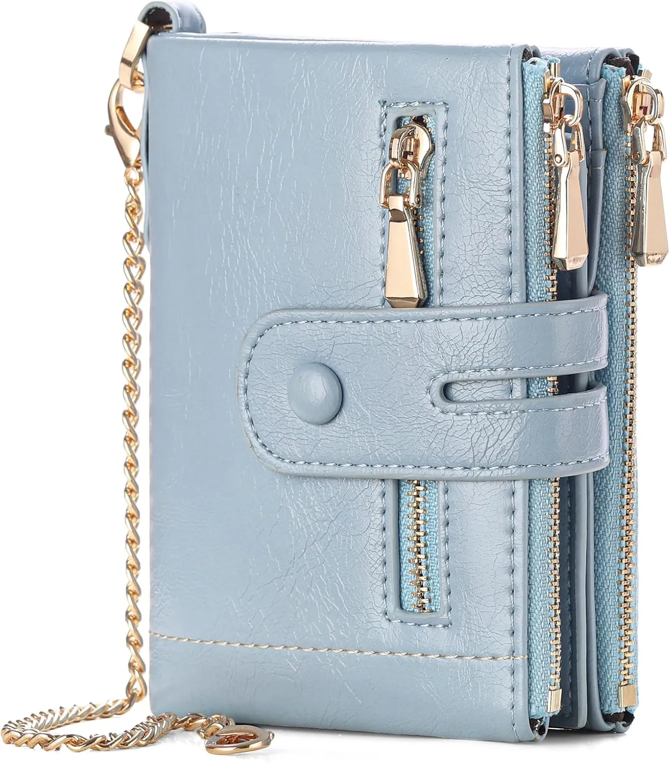 GAEKEAO Small Wallets for Women Leather RFID Blocking Bifold Double Zipper Coin Pocket Purse with Anti-Theft Chain