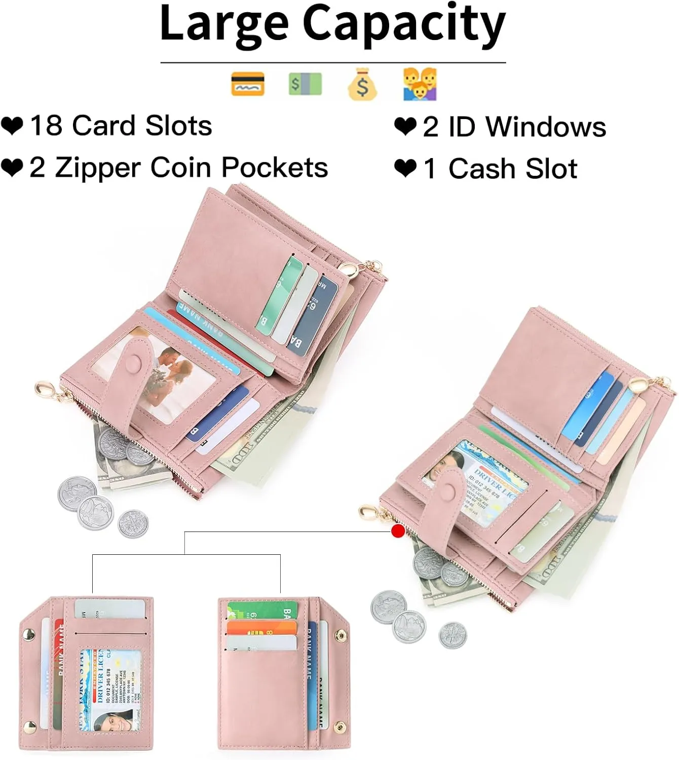 GAEKEAO Small Wallets for Women Leather RFID Blocking Bifold Double Zipper Pockets Wallet Card Case Purse with 2 ID Windows