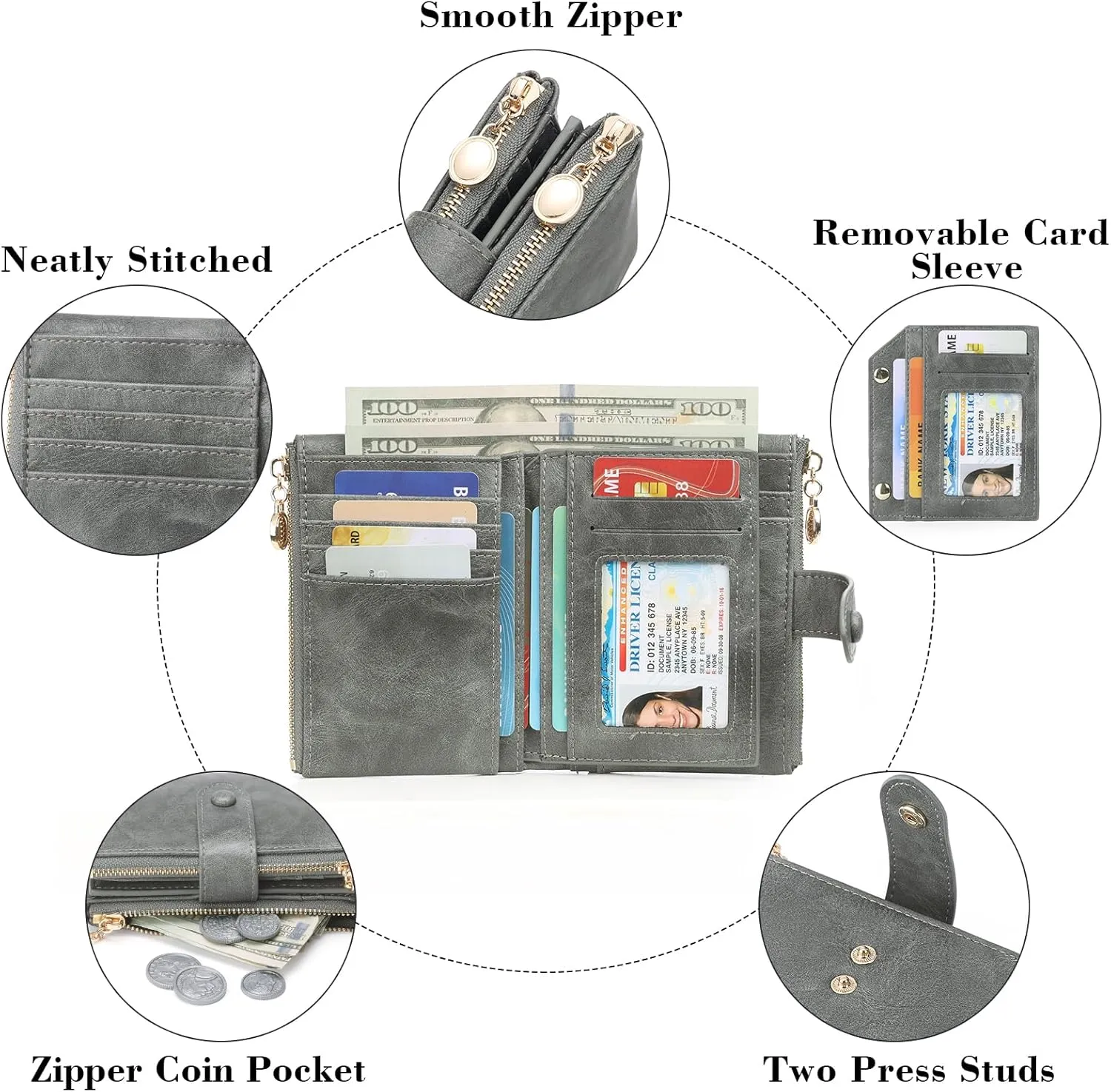 GAEKEAO Small Wallets for Women Leather RFID Blocking Bifold Double Zipper Pockets Wallet Card Case Purse with 2 ID Windows