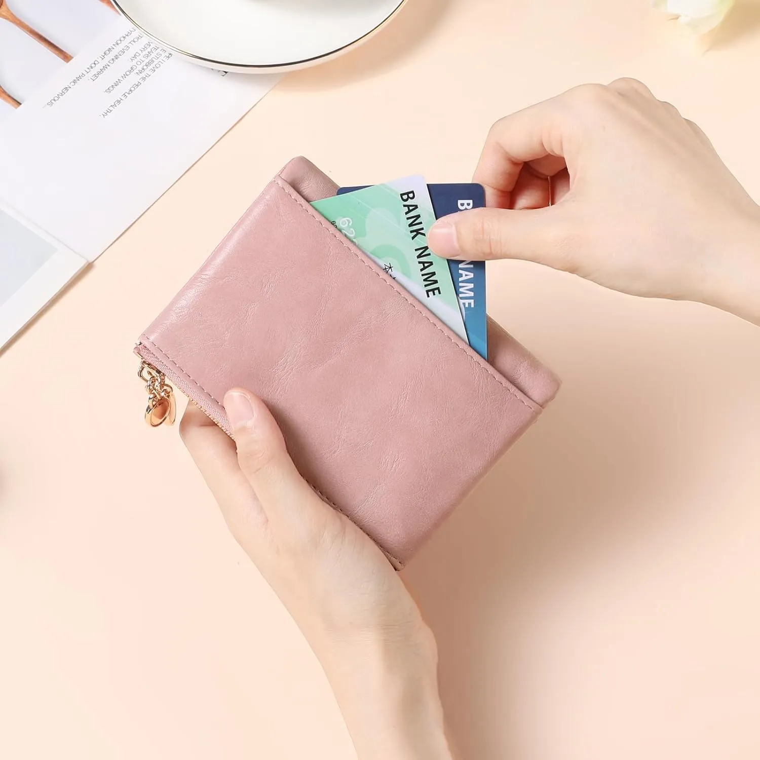GAEKEAO Small Wallets for Women Leather RFID Blocking Bifold Double Zipper Pockets Wallet Card Case Purse with 2 ID Windows