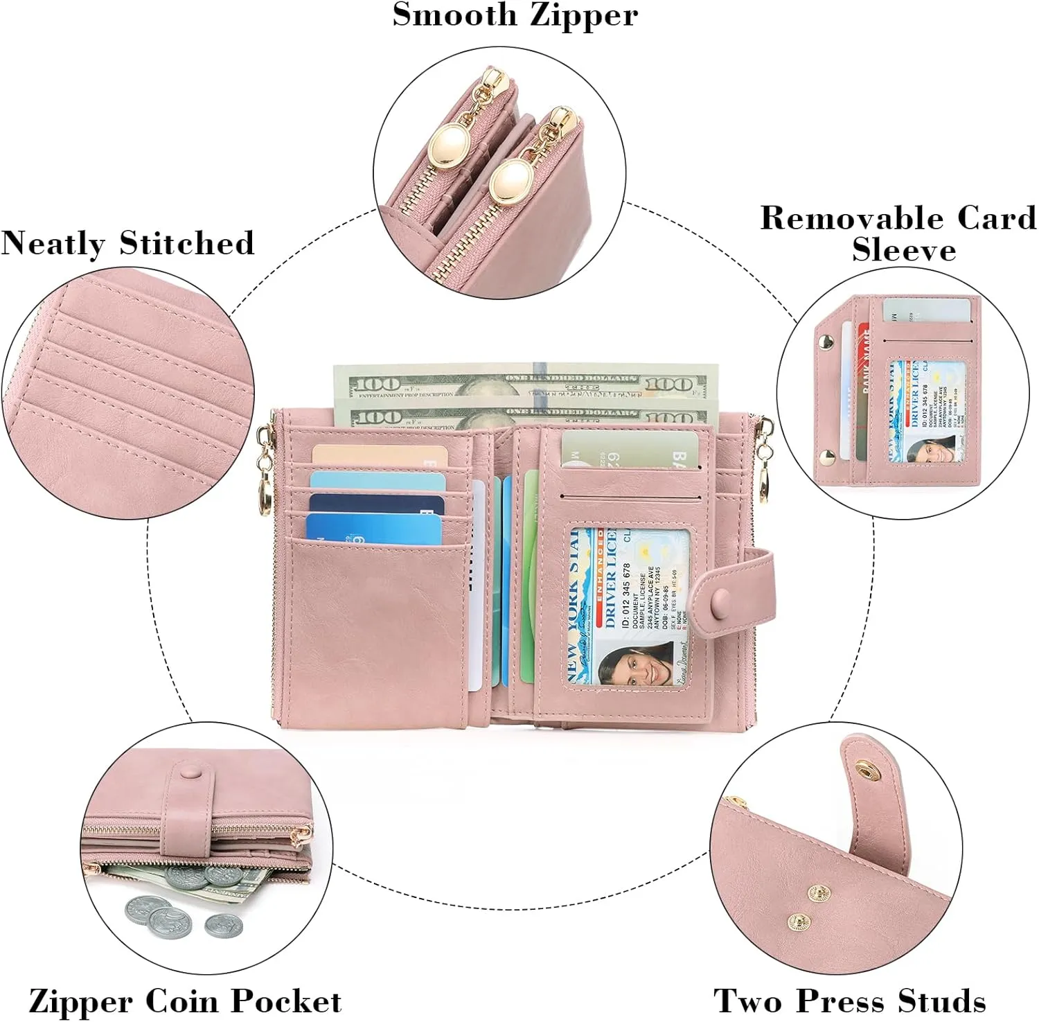 GAEKEAO Small Wallets for Women Leather RFID Blocking Bifold Double Zipper Pockets Wallet Card Case Purse with 2 ID Windows