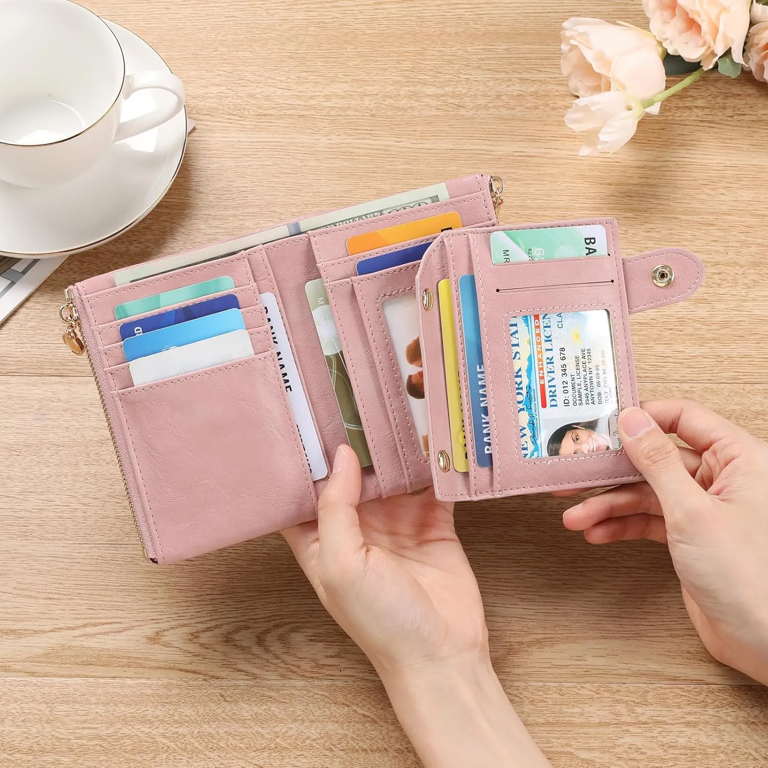 GAEKEAO Small Wallets for Women Leather RFID Blocking Bifold Double Zipper Pockets Wallet Card Case Purse with 2 ID Windows