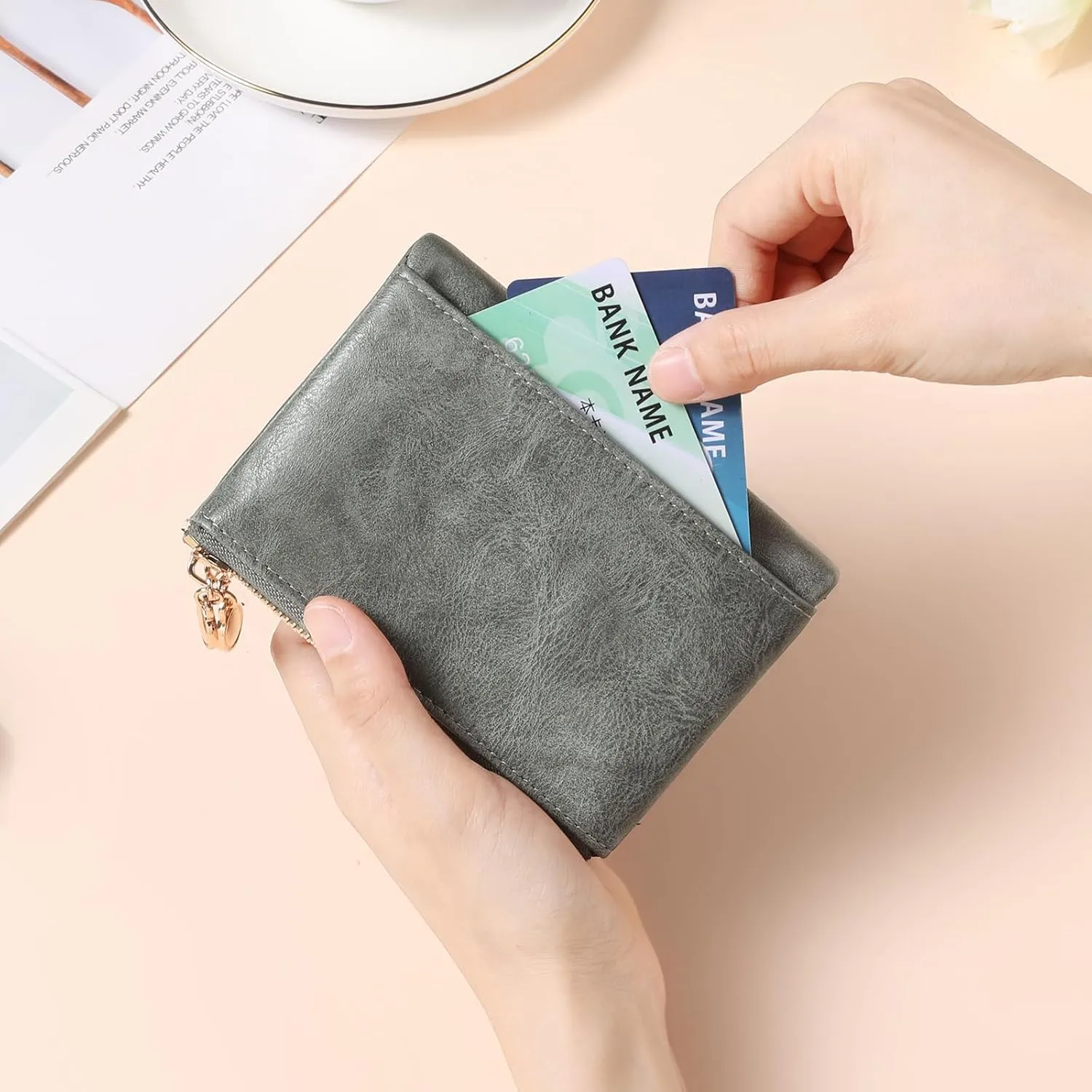 GAEKEAO Small Wallets for Women Leather RFID Blocking Bifold Double Zipper Pockets Wallet Card Case Purse with 2 ID Windows