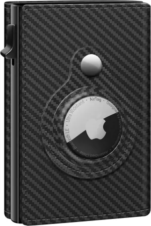 GAOCHALE AirTag Wallet Genuine Leather Air Tag Wallet RFID Technology Credit Card Holder with Minimalist Wallet for Men for Apple AirTag (No Airtag Included)(Carbon)