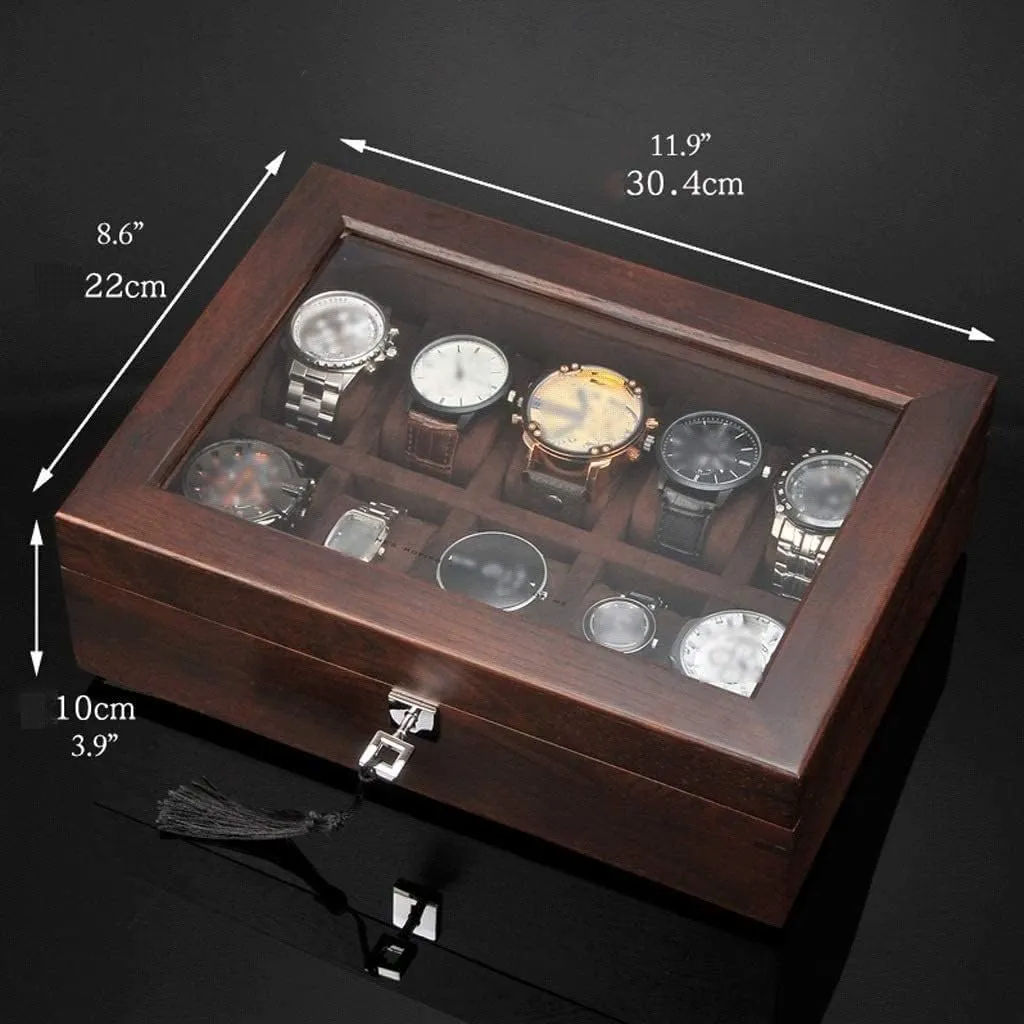 GaRcan Watch Case Solid Wood Watch Box 10 Slot Wooden Jewelry Box With Key And Glass Top Jewelry Storage Organizer Display Box Watch Box