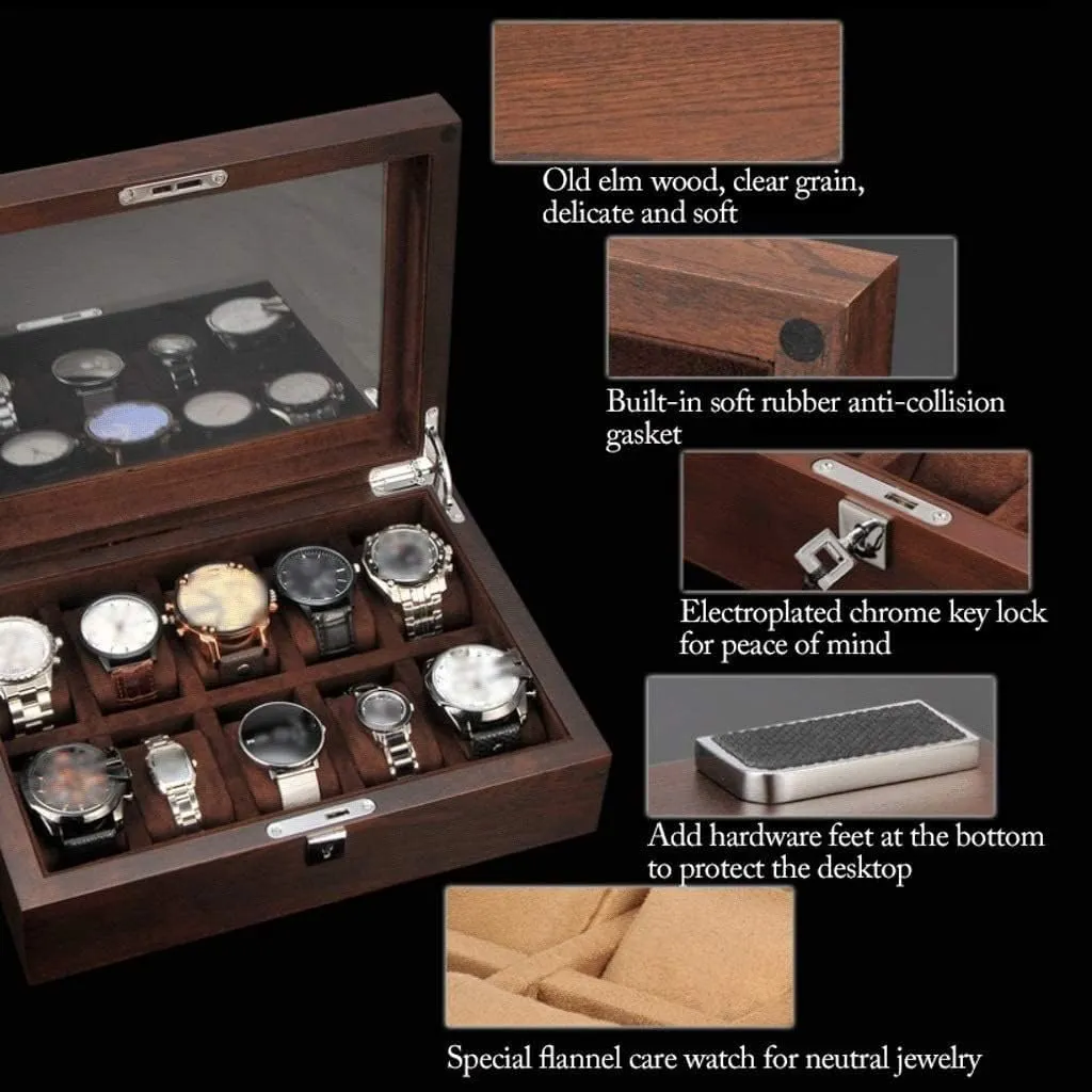 GaRcan Watch Case Solid Wood Watch Box 10 Slot Wooden Jewelry Box With Key And Glass Top Jewelry Storage Organizer Display Box Watch Box