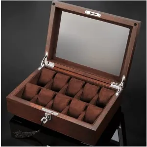 GaRcan Watch Case Solid Wood Watch Box 10 Slot Wooden Jewelry Box With Key And Glass Top Jewelry Storage Organizer Display Box Watch Box