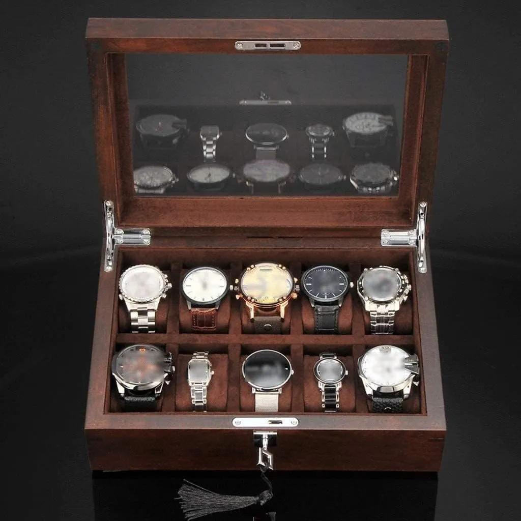 GaRcan Watch Case Solid Wood Watch Box 10 Slot Wooden Jewelry Box With Key And Glass Top Jewelry Storage Organizer Display Box Watch Box
