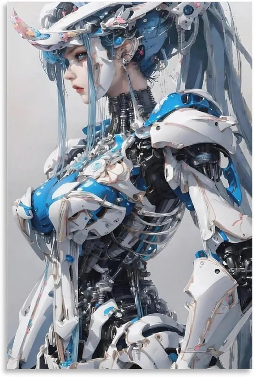 GAUSKYSingle Hanging Picture Mechanical Girl Futurism Virtual Reality Theme Hanging Wall Art, Blue White Cyborg Android Digital Print, Sci-fi Artwork Poster Unframe-style 16x24inch(40x60cm)