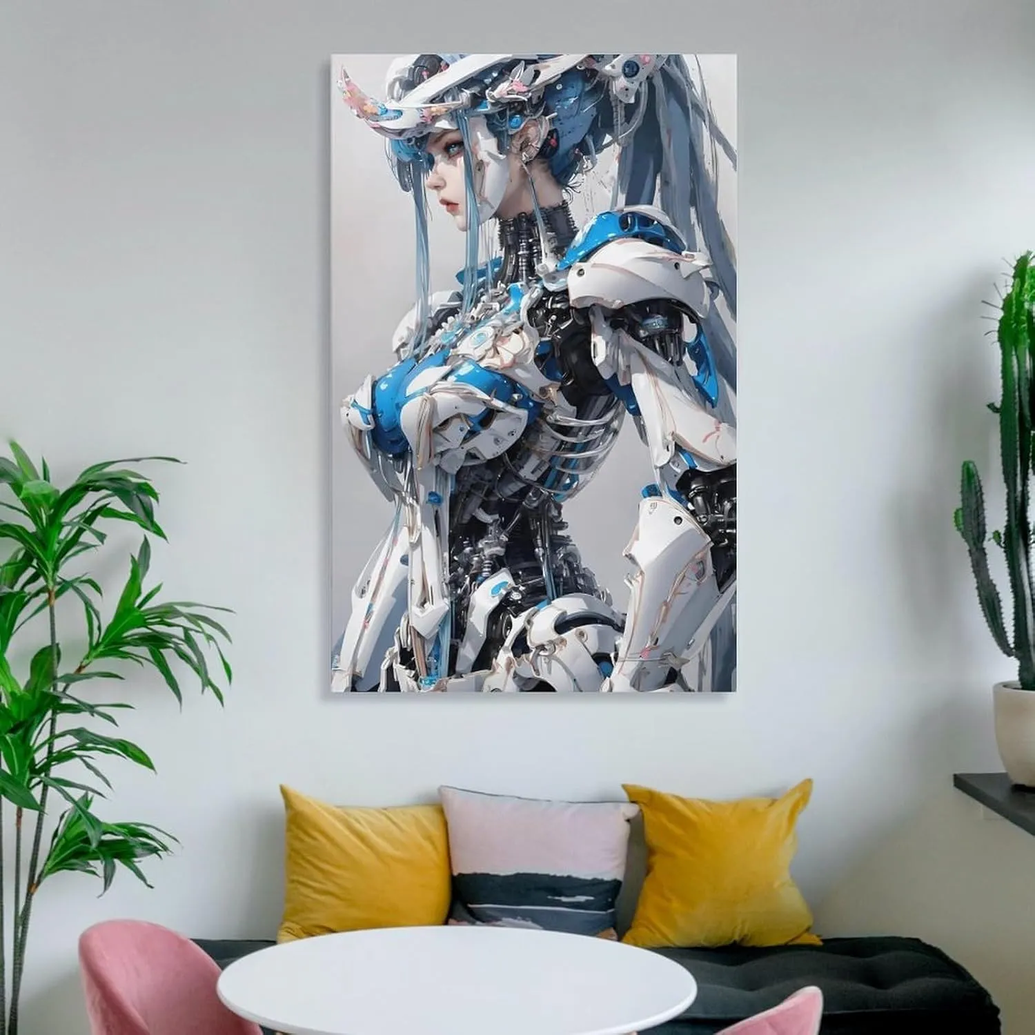 GAUSKYSingle Hanging Picture Mechanical Girl Futurism Virtual Reality Theme Hanging Wall Art, Blue White Cyborg Android Digital Print, Sci-fi Artwork Poster Unframe-style 16x24inch(40x60cm)