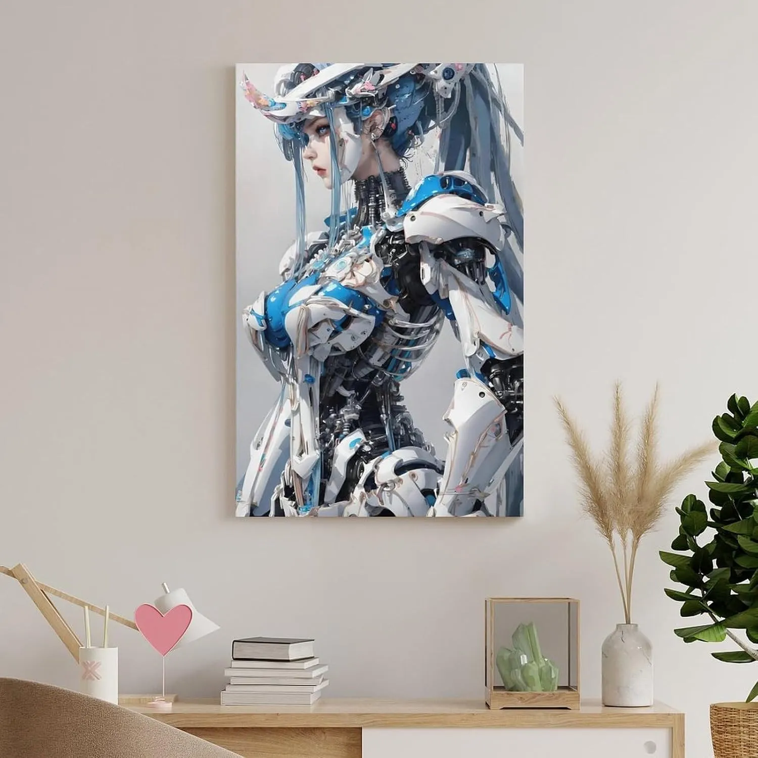 GAUSKYSingle Hanging Picture Mechanical Girl Futurism Virtual Reality Theme Hanging Wall Art, Blue White Cyborg Android Digital Print, Sci-fi Artwork Poster Unframe-style 16x24inch(40x60cm)