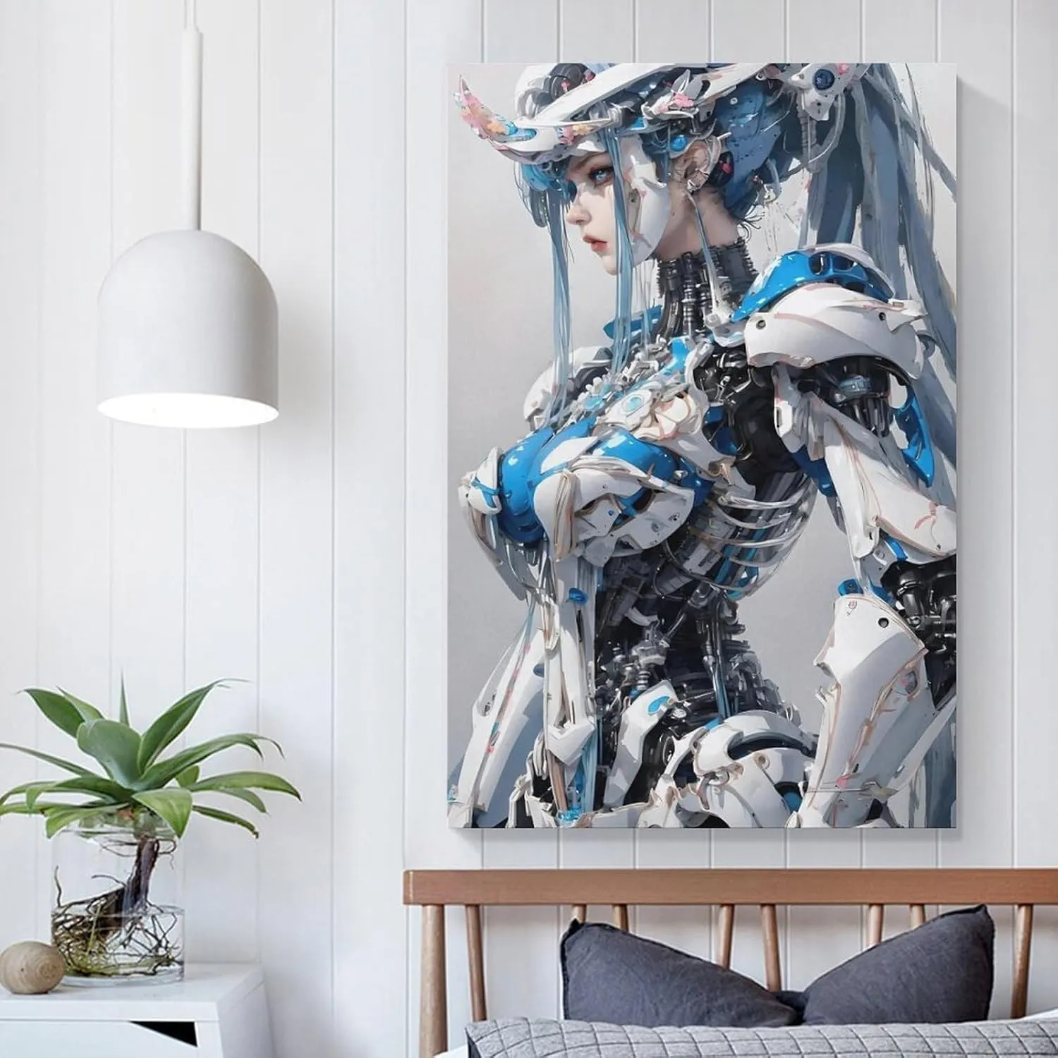GAUSKYSingle Hanging Picture Mechanical Girl Futurism Virtual Reality Theme Hanging Wall Art, Blue White Cyborg Android Digital Print, Sci-fi Artwork Poster Unframe-style 16x24inch(40x60cm)