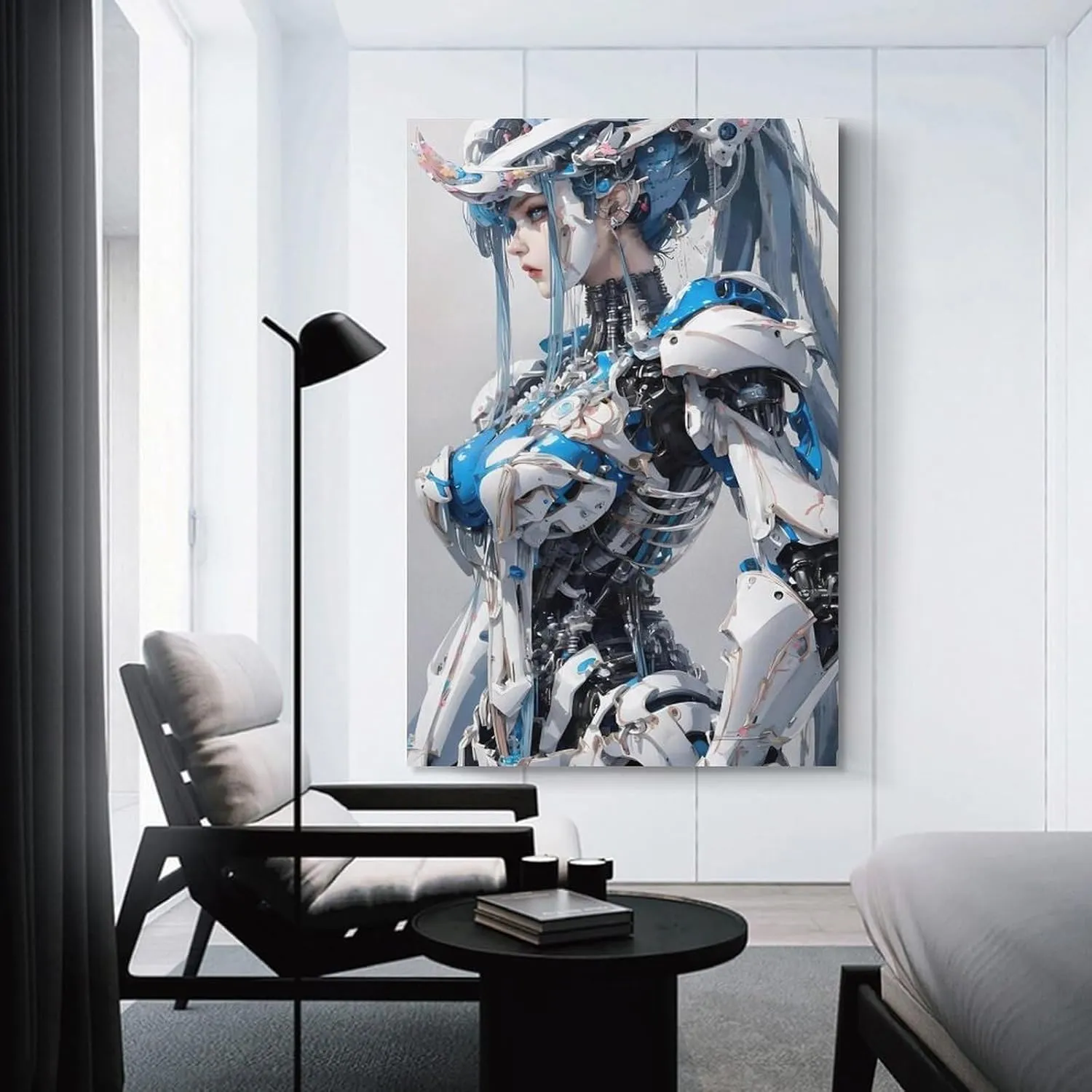 GAUSKYSingle Hanging Picture Mechanical Girl Futurism Virtual Reality Theme Hanging Wall Art, Blue White Cyborg Android Digital Print, Sci-fi Artwork Poster Unframe-style 16x24inch(40x60cm)