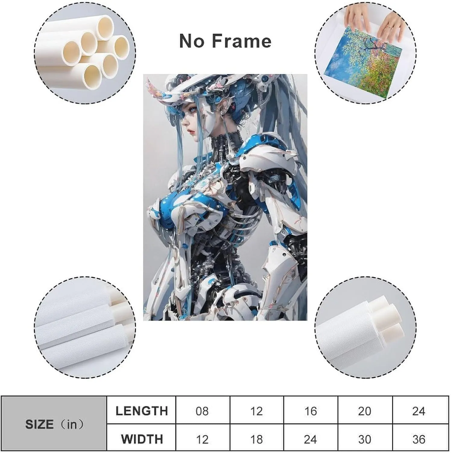 GAUSKYSingle Hanging Picture Mechanical Girl Futurism Virtual Reality Theme Hanging Wall Art, Blue White Cyborg Android Digital Print, Sci-fi Artwork Poster Unframe-style 16x24inch(40x60cm)