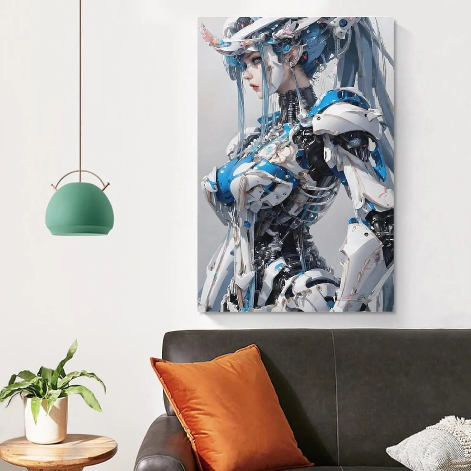 GAUSKYSingle Hanging Picture Mechanical Girl Futurism Virtual Reality Theme Hanging Wall Art, Blue White Cyborg Android Digital Print, Sci-fi Artwork Poster Unframe-style 16x24inch(40x60cm)