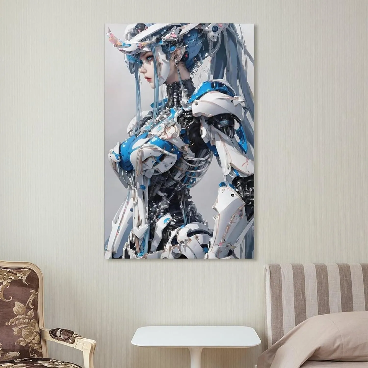 GAUSKYSingle Hanging Picture Mechanical Girl Futurism Virtual Reality Theme Hanging Wall Art, Blue White Cyborg Android Digital Print, Sci-fi Artwork Poster Unframe-style 16x24inch(40x60cm)