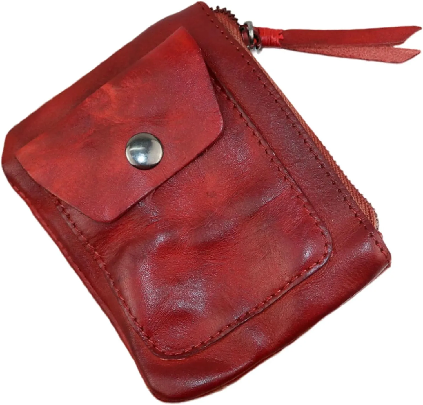 Genuine cowhide - Coin Purse for Men & Women - Leather Coin Pouch - Zipper Coin Purse Wallet - Leather Zipper Storage Bag - Coin Organizer (Red)