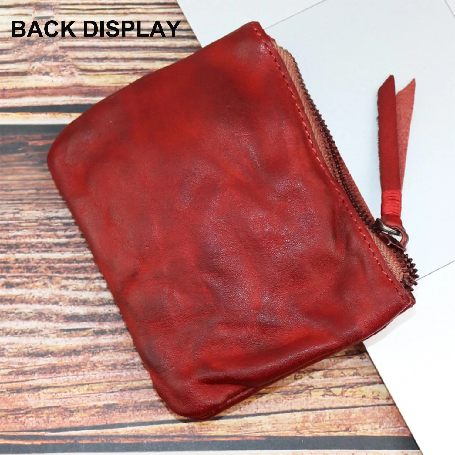 Genuine cowhide - Coin Purse for Men & Women - Leather Coin Pouch - Zipper Coin Purse Wallet - Leather Zipper Storage Bag - Coin Organizer (Red)