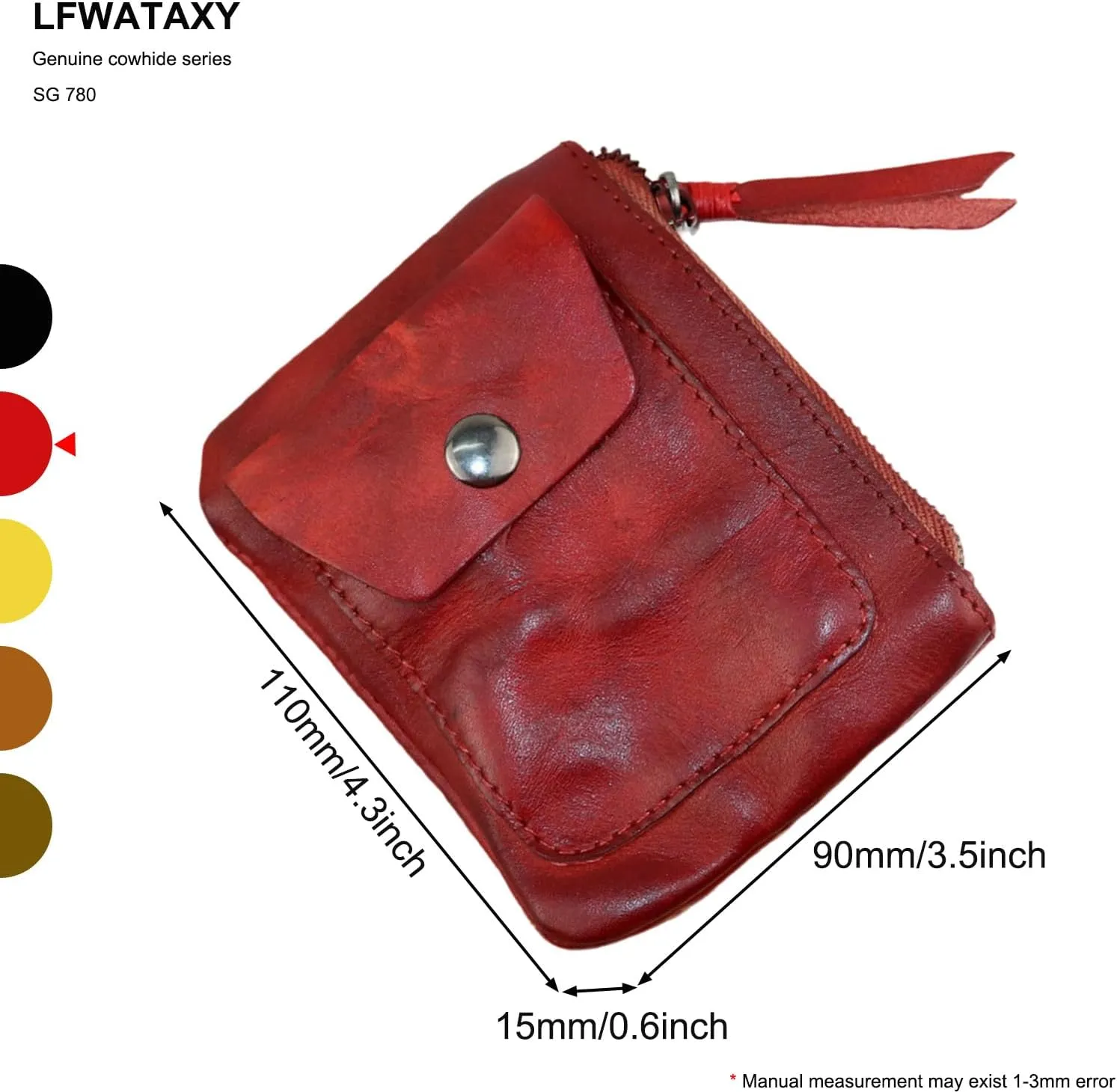 Genuine cowhide - Coin Purse for Men & Women - Leather Coin Pouch - Zipper Coin Purse Wallet - Leather Zipper Storage Bag - Coin Organizer (Red)