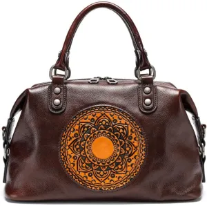 Genuine Leather Handbags for Women, Retro Mandela Crossbody Tote Bag