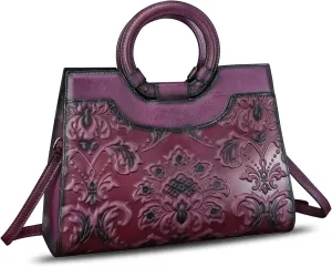 Genuine Leather Purses and Handbags for Women Vintage Embossed Leather Crossbody Shoulder Bag Satchel Top Handle Bag