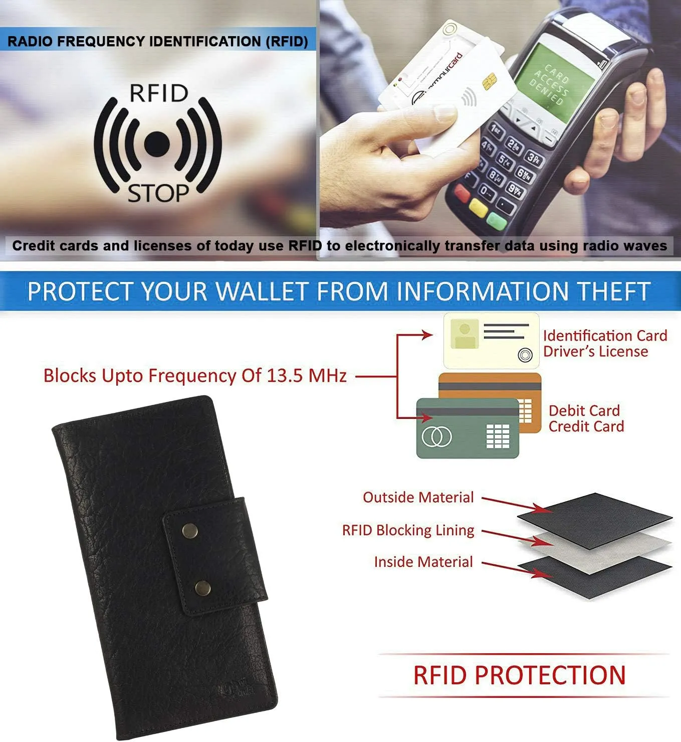 Genuine Leather RFID Blocking Long Wallet – Vintage Bifold for Men by Mou Meraki (BUBBLES BLACK)