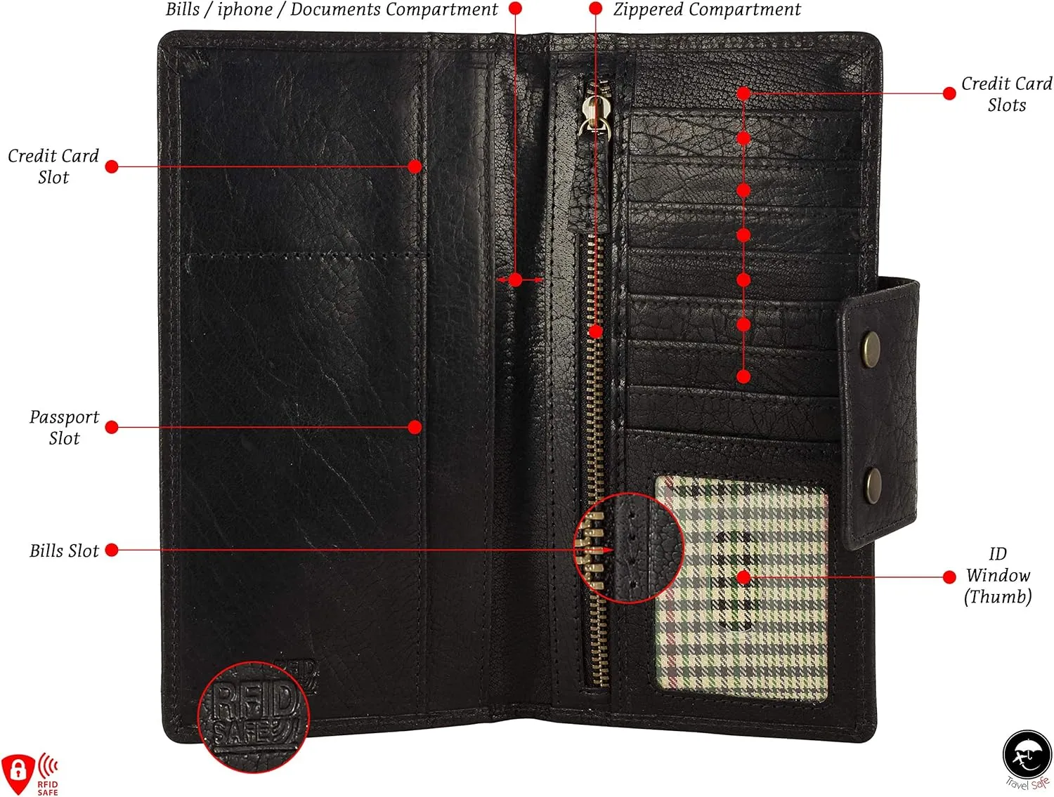 Genuine Leather RFID Blocking Long Wallet – Vintage Bifold for Men by Mou Meraki (BUBBLES BLACK)