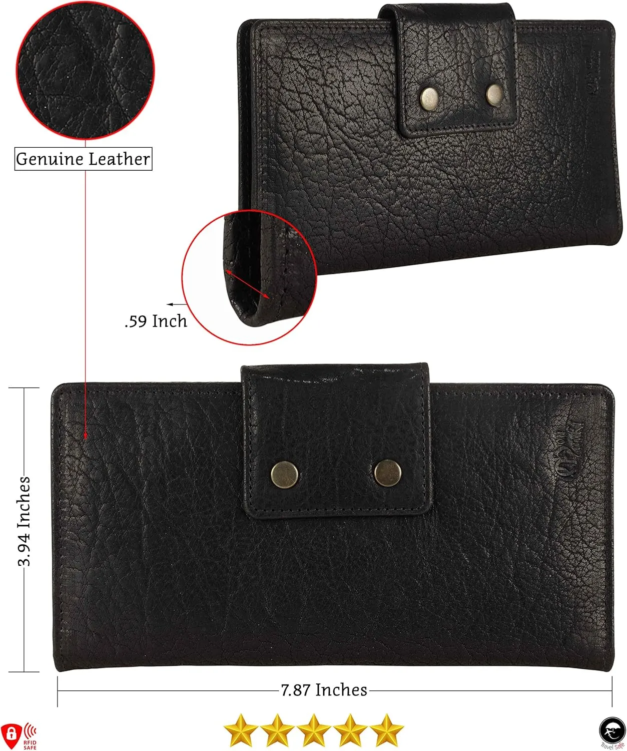 Genuine Leather RFID Blocking Long Wallet – Vintage Bifold for Men by Mou Meraki (BUBBLES BLACK)