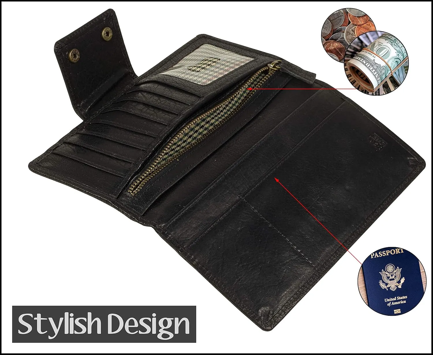 Genuine Leather RFID Blocking Long Wallet – Vintage Bifold for Men by Mou Meraki (BUBBLES BLACK)