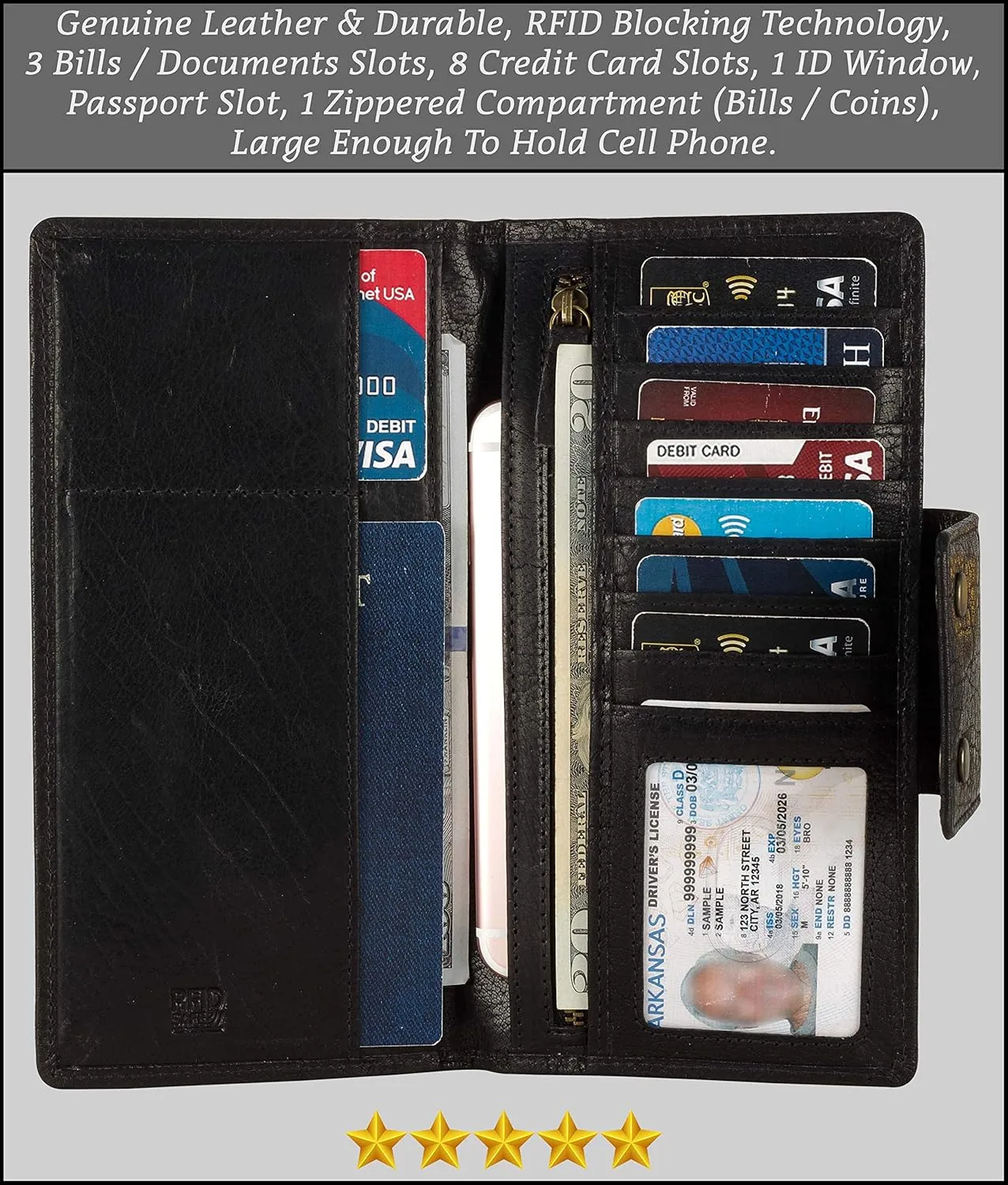 Genuine Leather RFID Blocking Long Wallet – Vintage Bifold for Men by Mou Meraki (BUBBLES BLACK)
