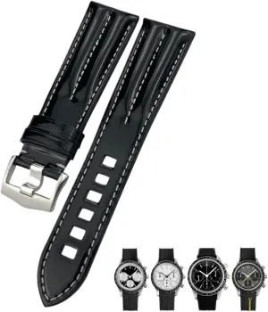 Genuine Leather Watch Band 20mm 21mm For Omega Seamaster 300 AQUA TERRA Speedmaster Pin Clasp Black Strap