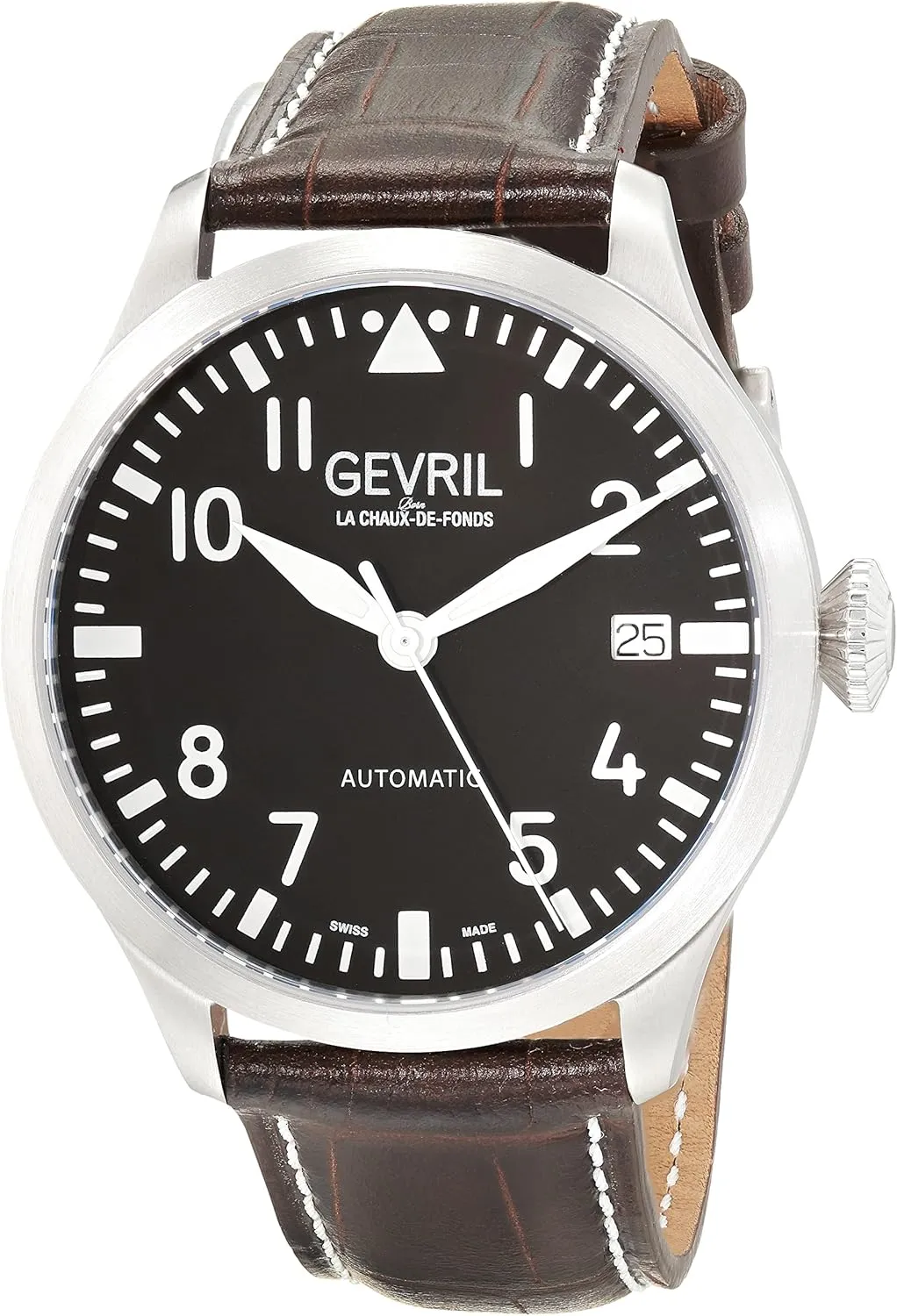 Gevril 43500-03 Men's Vaughan Swiss Automatic Watch, Genuine Italian Dark Brown/White Stitching Leather Strap