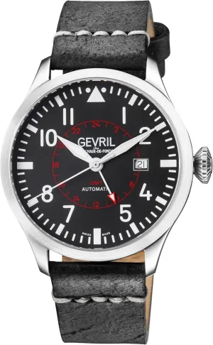 Gevril Men's Stainless Steel Automatic Watch with Leather Strap, Black, 20 (Model: 44503), Silver