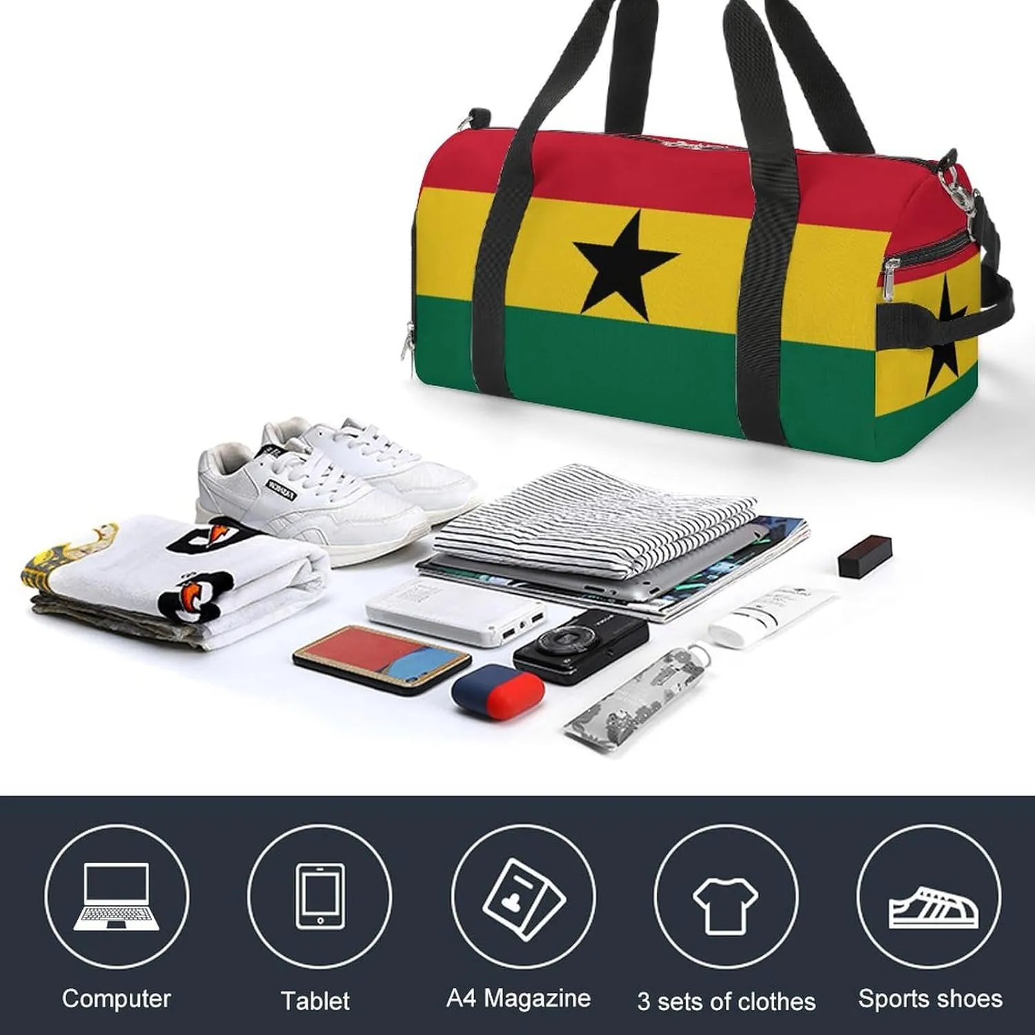 Ghana Flag Duffel Bag for Men Women with Wet Pocket Shoe Compartment