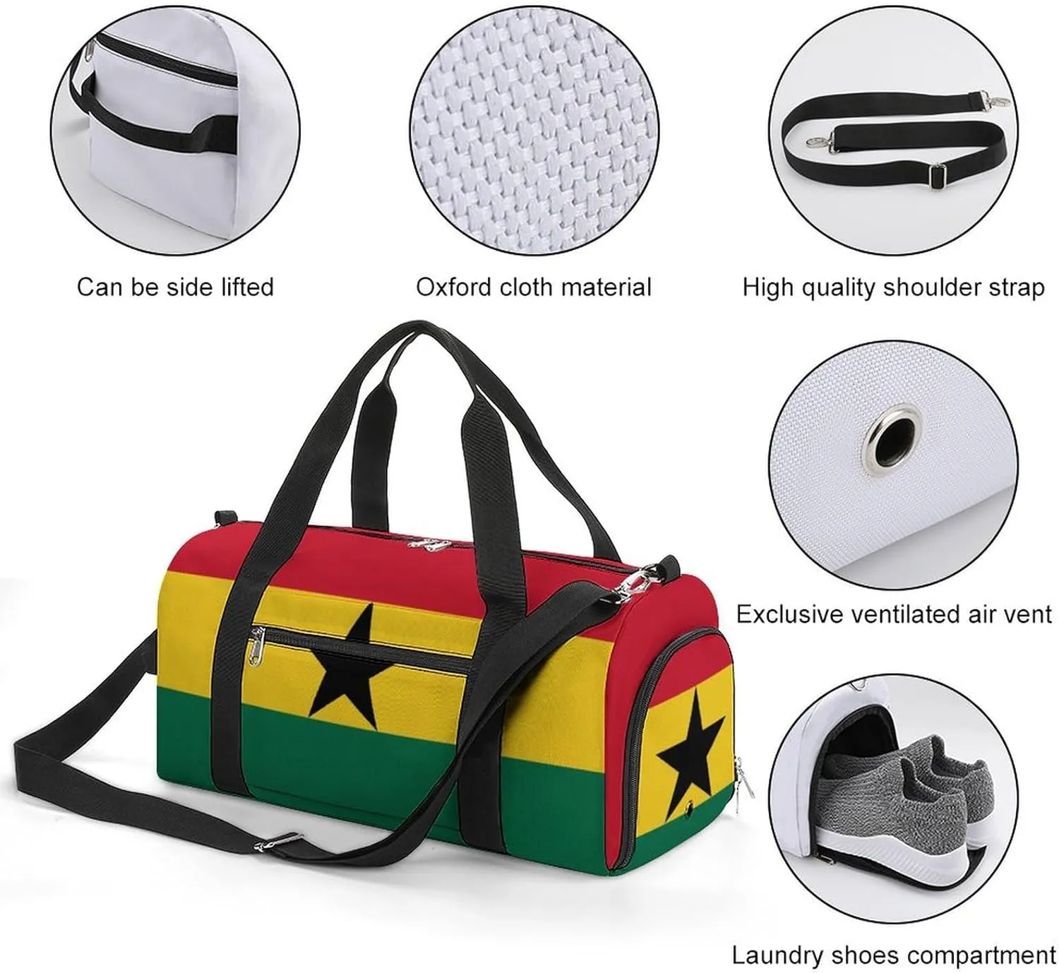 Ghana Flag Duffel Bag for Men Women with Wet Pocket Shoe Compartment