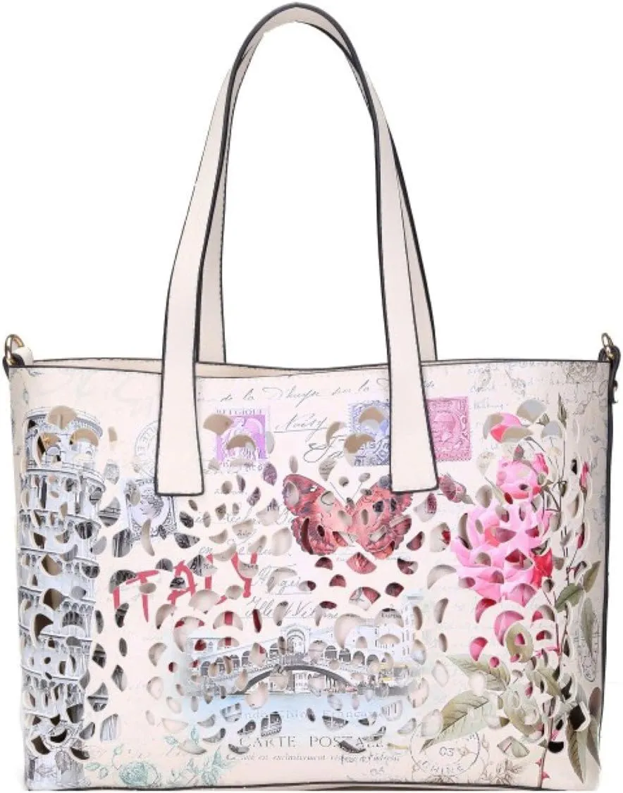Girly Handbags Womens Faux Leather Top Handle Bag Laser Cut Paris London Rome Vintage Handbag