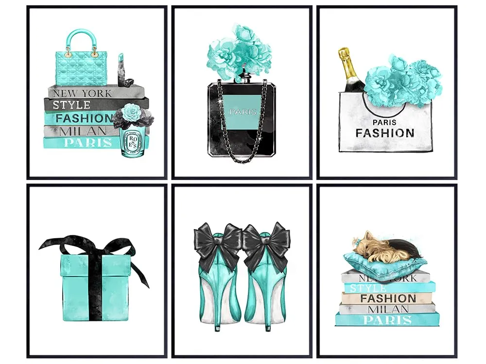 Glam Blue Wall Decor - High Fashion design - Designer Perfume, Shoes, Handbags - Glamour Wall Art Gift for Women, Girls Bedroom, Teens Room - Luxury Couture Poster Print Picture Set of 6