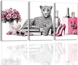 GLOKAKA Leopard Wall Art 3 Piece Black White And Pink Glam With Books High Heel Shoes Perfume Art Poster Fashion Wildlife Painting Modern Artwork Home Decoration(Artwork-2,11"x14"x3pcs)