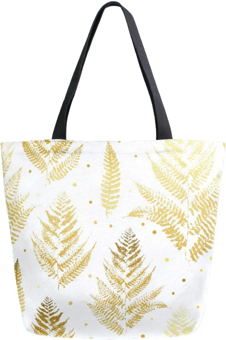 Golden Fern Leaves Canvas Tote Bag Glitter Autumn Fall Leaf Women Shoulder Bag Reusable Grocery Bags Large Handbag Travel Shopping Bag for School Nursing Gift Outdoors