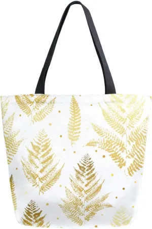 Golden Fern Leaves Canvas Tote Bag Glitter Autumn Fall Leaf Women Shoulder Bag Reusable Grocery Bags Large Handbag Travel Shopping Bag for School Nursing Gift Outdoors