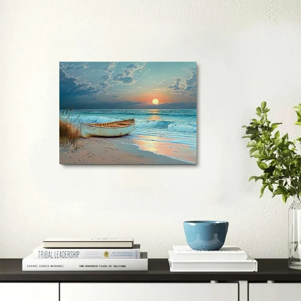 GooTPa Ocean Canvas Wall Art - Large Beautiful Beach Night View Wall Painting, Blue Coast Painting, Bedroom Picture Can Be Hung In Office, Dining Room, Kitchen, Bathroom, Home Decoration 20x16in