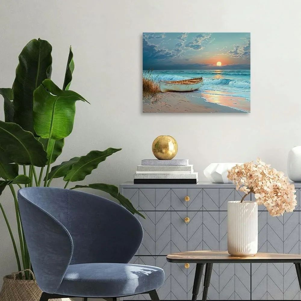 GooTPa Ocean Canvas Wall Art - Large Beautiful Beach Night View Wall Painting, Blue Coast Painting, Bedroom Picture Can Be Hung In Office, Dining Room, Kitchen, Bathroom, Home Decoration 20x16in