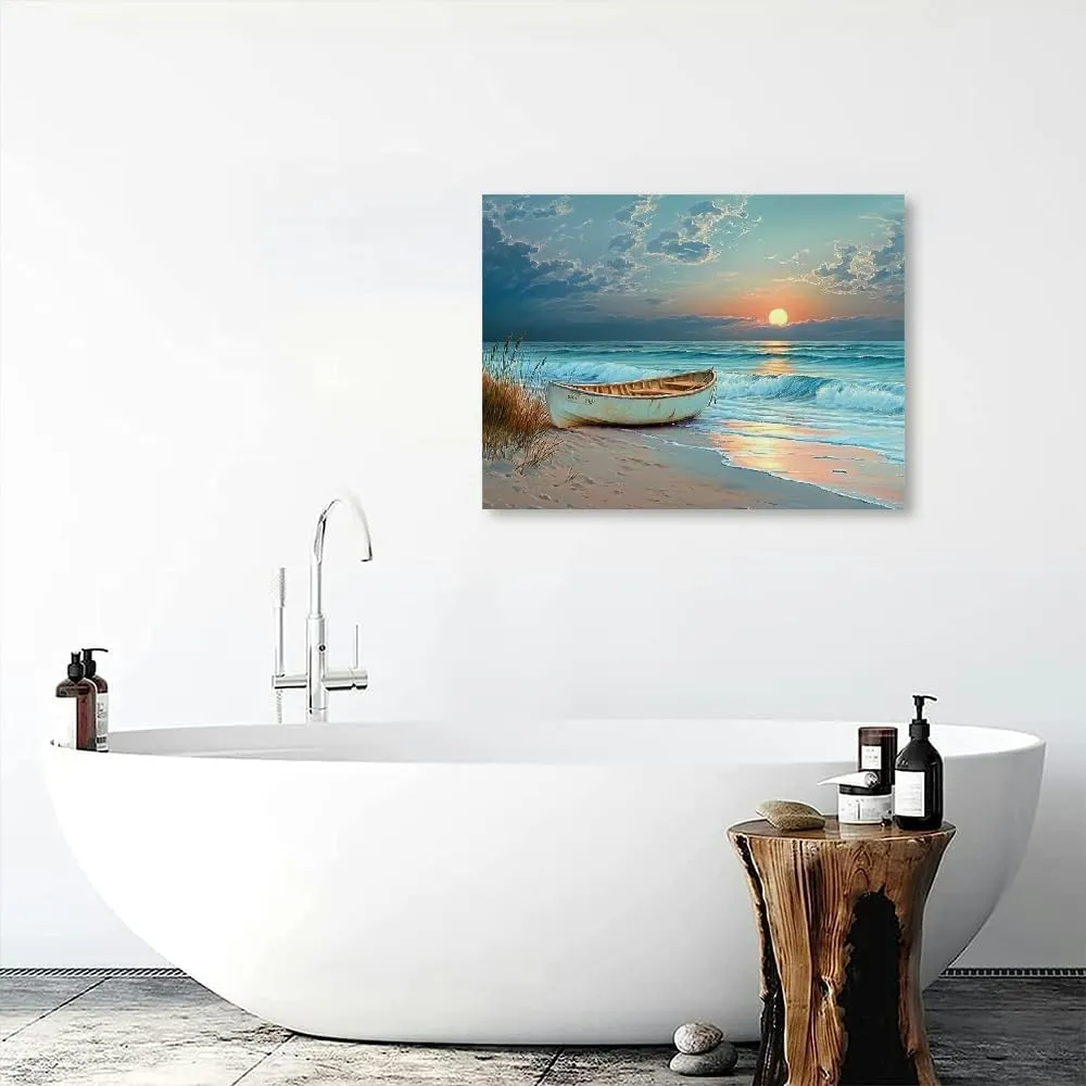 GooTPa Ocean Canvas Wall Art - Large Beautiful Beach Night View Wall Painting, Blue Coast Painting, Bedroom Picture Can Be Hung In Office, Dining Room, Kitchen, Bathroom, Home Decoration 20x16in
