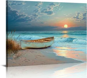 GooTPa Ocean Canvas Wall Art - Large Beautiful Beach Night View Wall Painting, Blue Coast Painting, Bedroom Picture Can Be Hung In Office, Dining Room, Kitchen, Bathroom, Home Decoration 20x16in